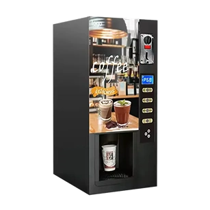 Nowoczesny automat vendingowy do kawy z ekranem dotykowym, oferujący różne rodzaje kawy, przeznaczony do biur i przestrzeni publicznych