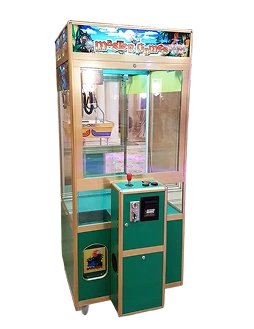 Automat vendingowy z zabawkami typu chwytak, przeznaczony dla dzieci, z kolorową obudową i przeszkloną witryną