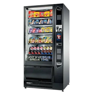 Automat vendingowy ze snackami i napojami z przeszklonym frontem, półkami na produkty oraz panelem płatności bezgotówkowych
