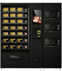 Automat vendingowy z gotowymi posiłkami i przekąskami, wyposażony w system chłodzenia oraz czytelny panel sterowania